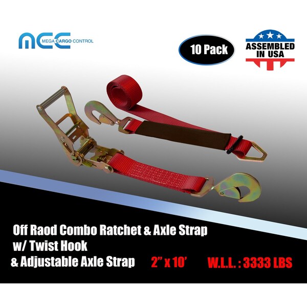Axle Ratchet Tie Down Strap w/ Snap Hook Race Car Hauler Trailer Flatbed, 10PK